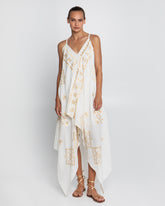 Vestido Lefkada Assimetrico Sleevless Natural e Dourado