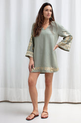 DRESS MINI IOS BELL SLEEVE SAGE GOLD