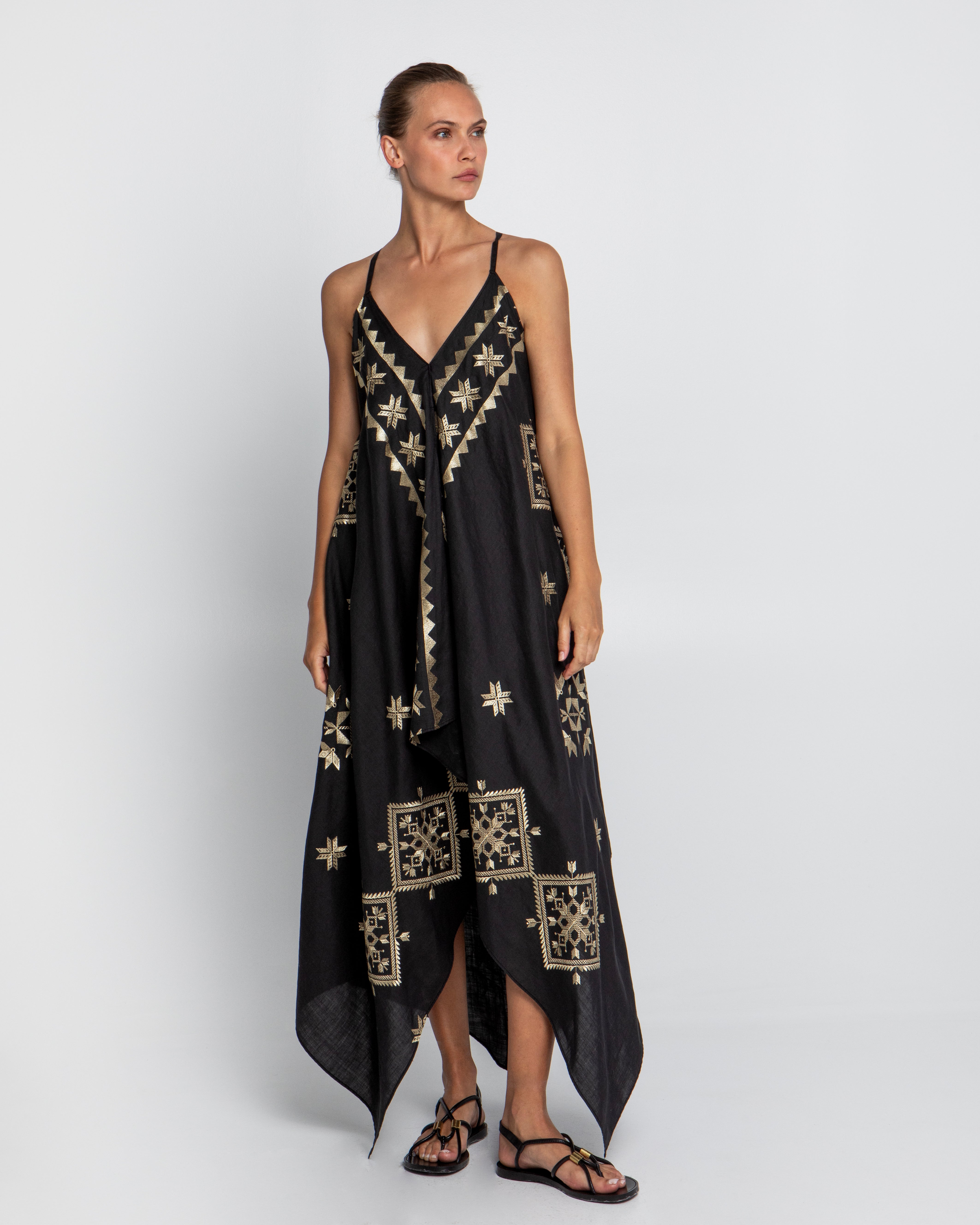 Vestido Lefkada Assimetrico Sleevless Preto e Dourado