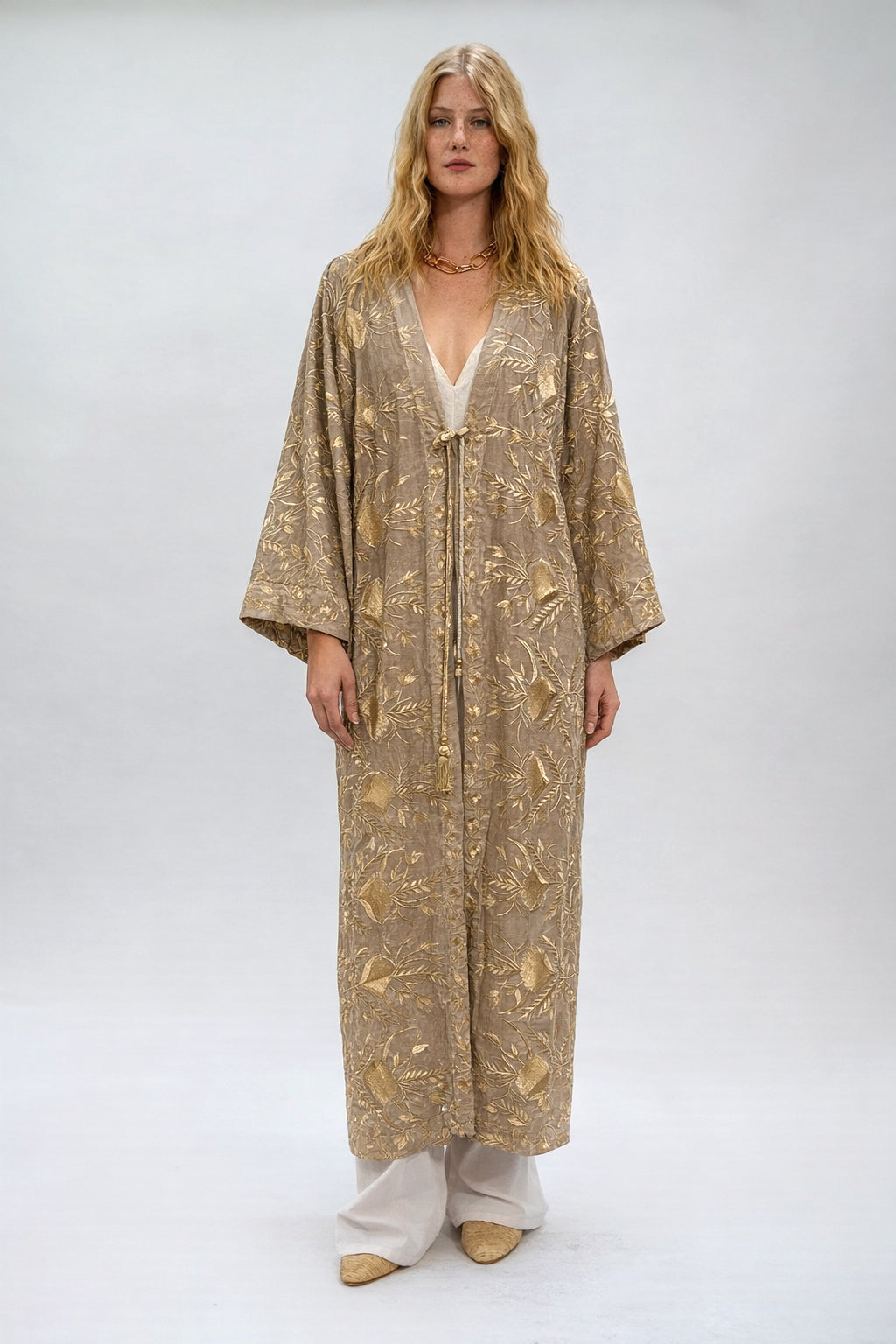 KIMONO LONG BLOSSON BEGE GOLD