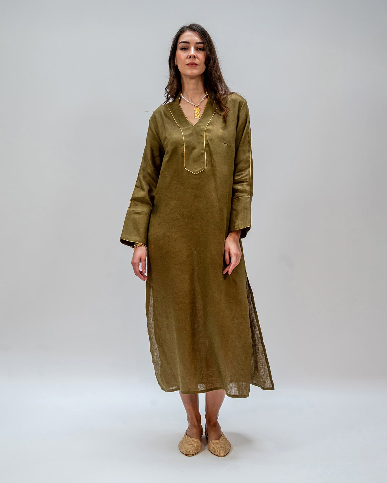 DRESS LONG  V NECK WICK OLIVE