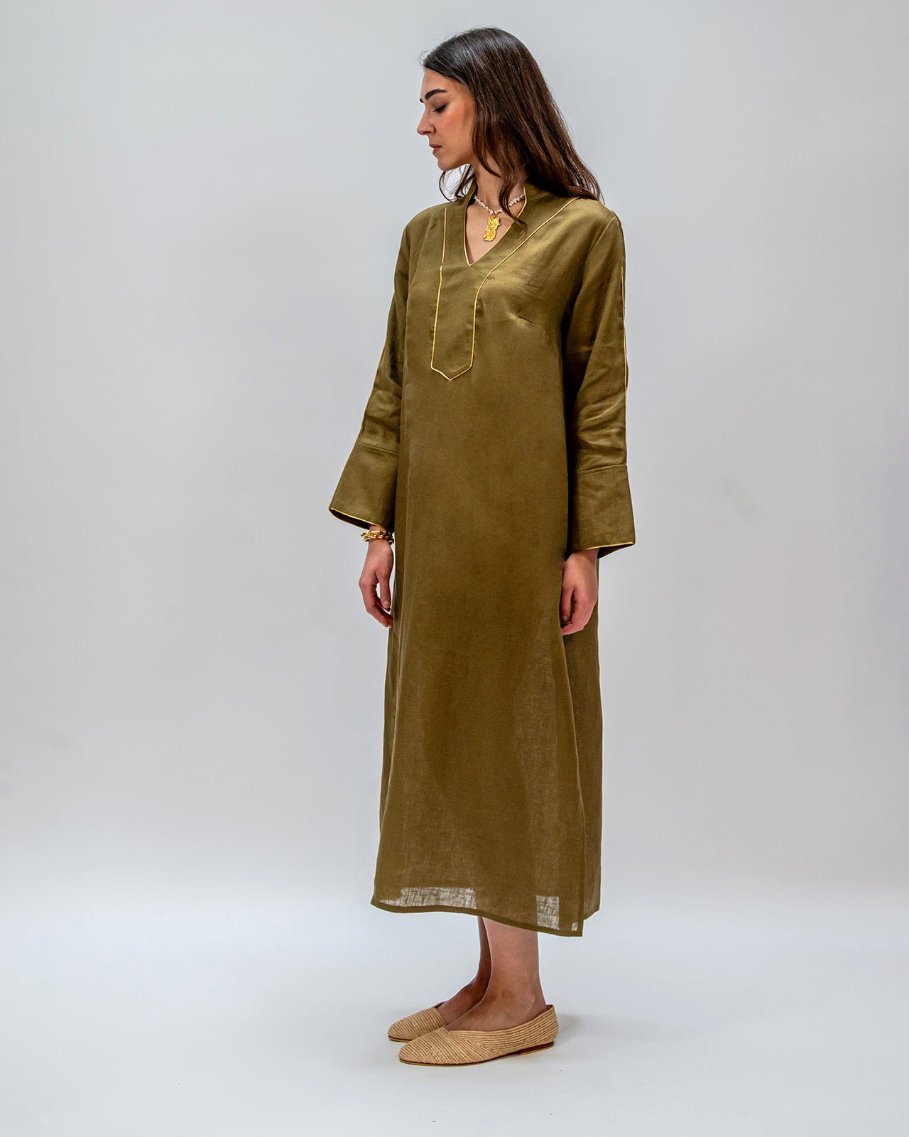 DRESS LONG  V NECK WICK OLIVE