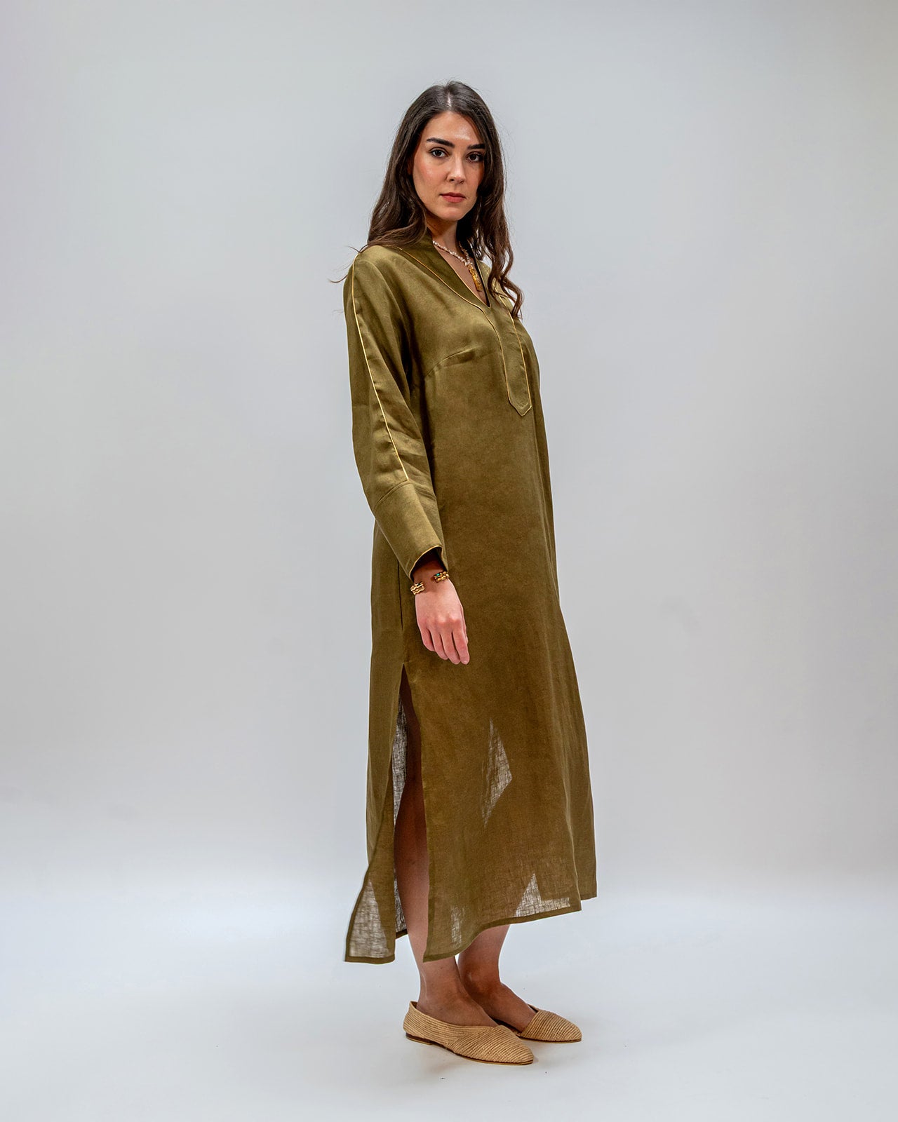 DRESS LONG  V NECK WICK OLIVE