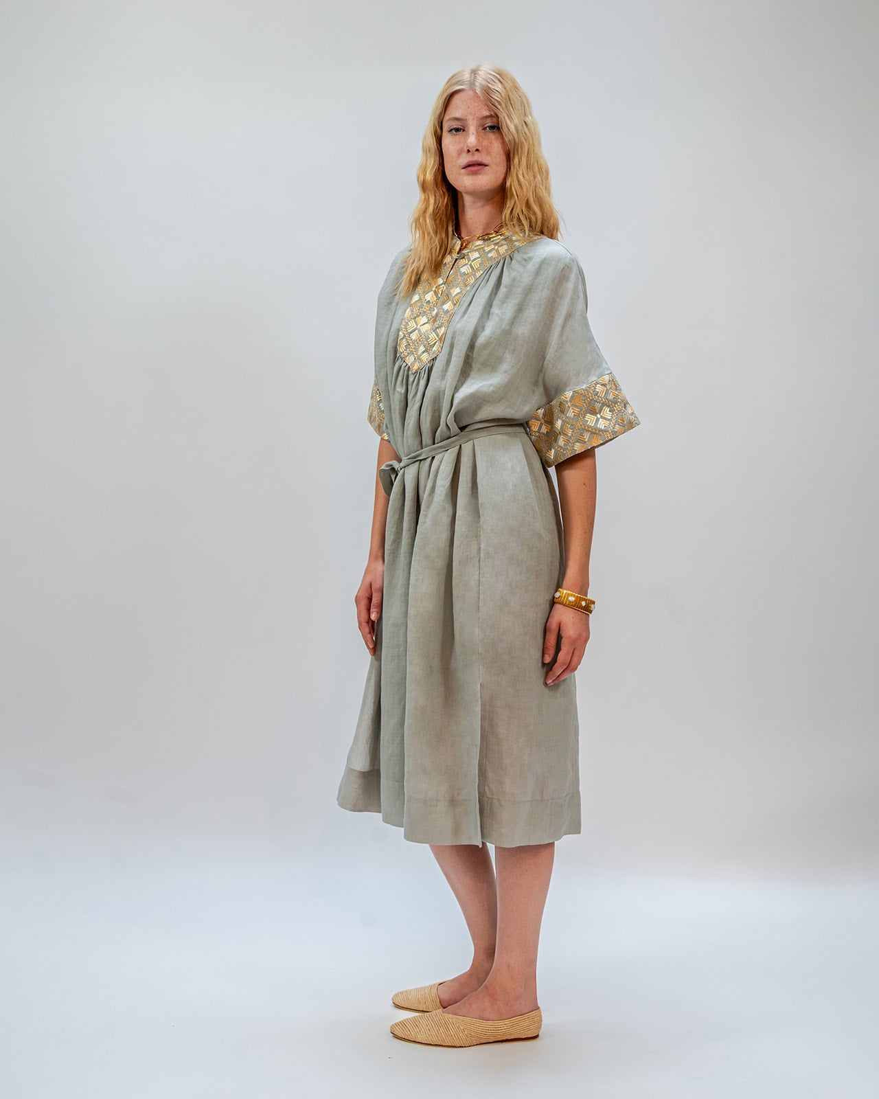 DRESS LONG FLAKES S/S BELT - SAGE - GOLD - CHAMPAGNE