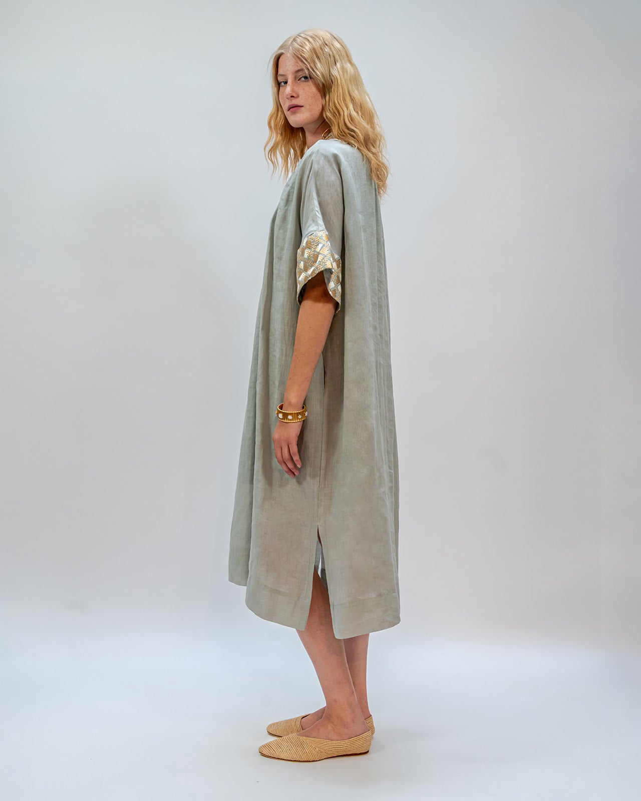 DRESS LONG FLAKES S/S BELT - SAGE - GOLD - CHAMPAGNE