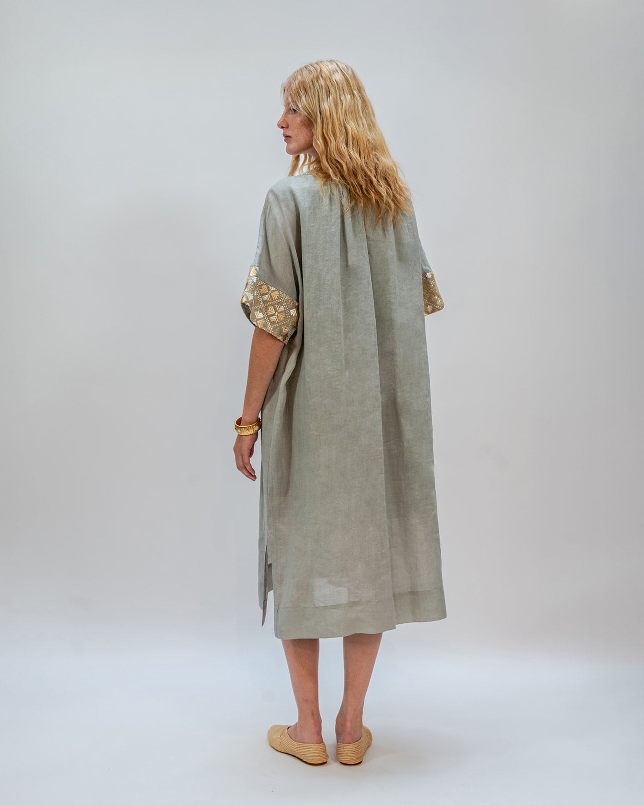 DRESS LONG FLAKES S/S BELT - SAGE - GOLD - CHAMPAGNE
