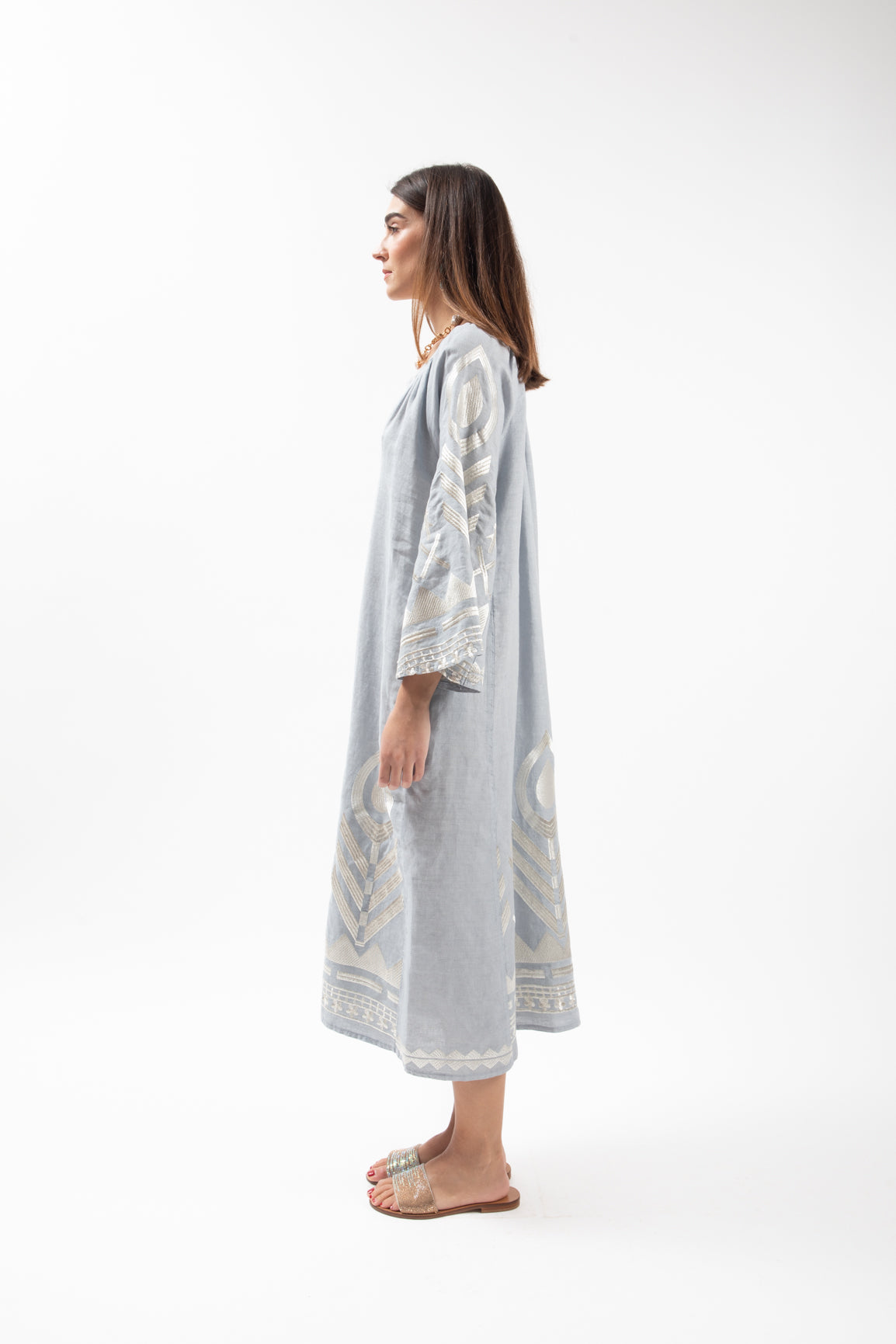 Vestido Midi Kori Manga Sino Cinza/Natural
