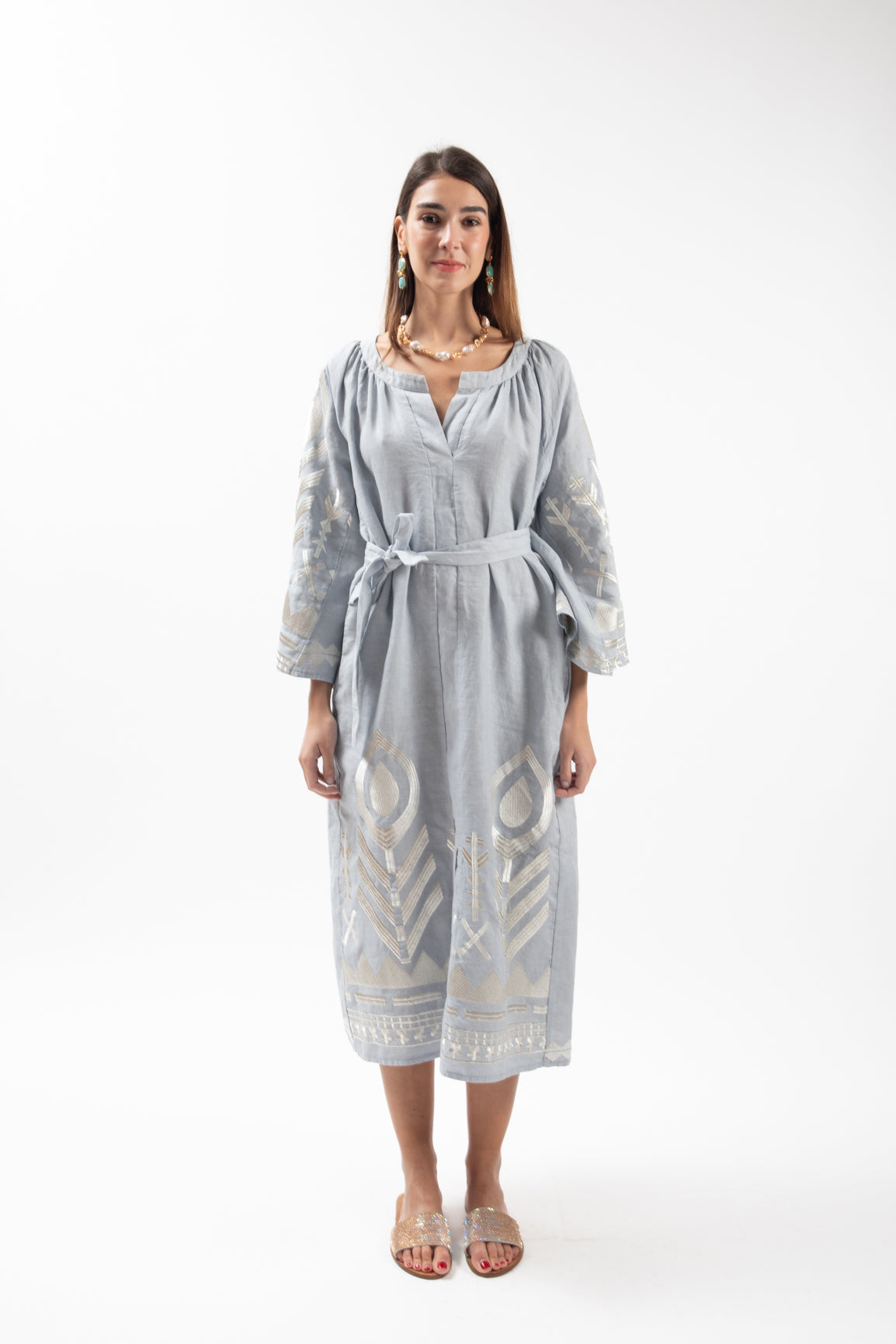 Vestido Midi Kori Manga Sino Cinza/Natural