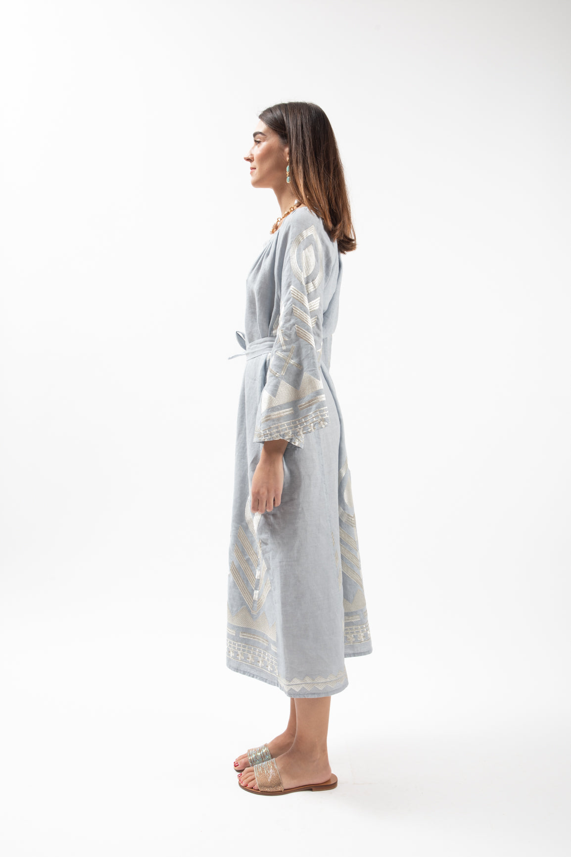 Vestido Midi Kori Manga Sino Cinza/Natural
