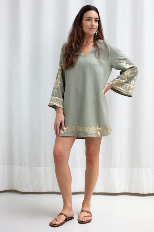 DRESS MINI IOS BELL SLEEVE SAGE GOLD
