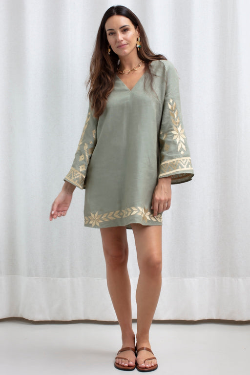 DRESS MINI IOS BELL SLEEVE SAGE GOLD