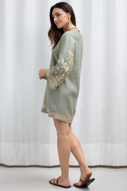 DRESS MINI IOS BELL SLEEVE SAGE GOLD