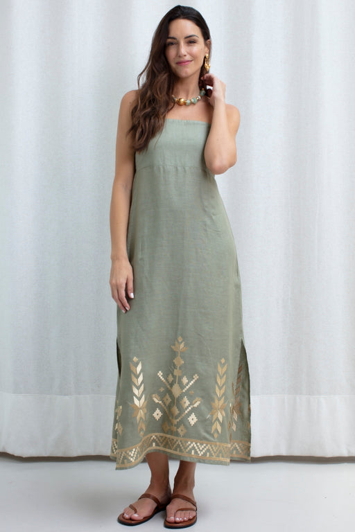 DRESS MAXI IOS STRAPS GATHERINGS SAGE GOLD