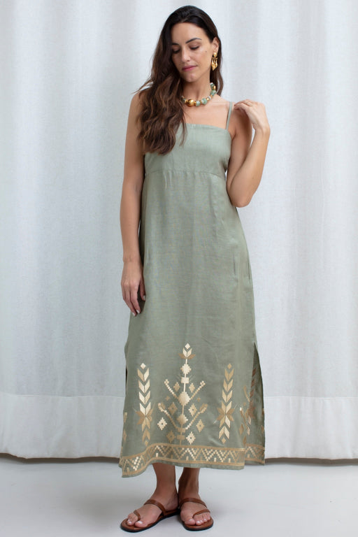 DRESS MAXI IOS STRAPS GATHERINGS SAGE GOLD