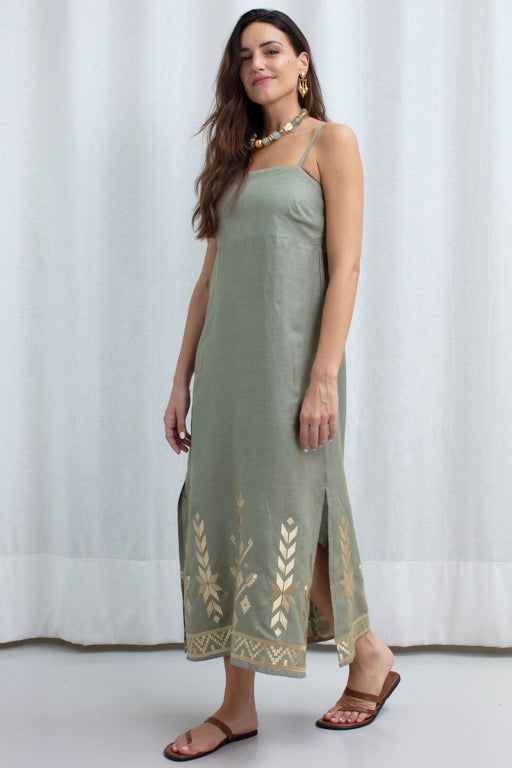 DRESS MAXI IOS STRAPS GATHERINGS SAGE GOLD