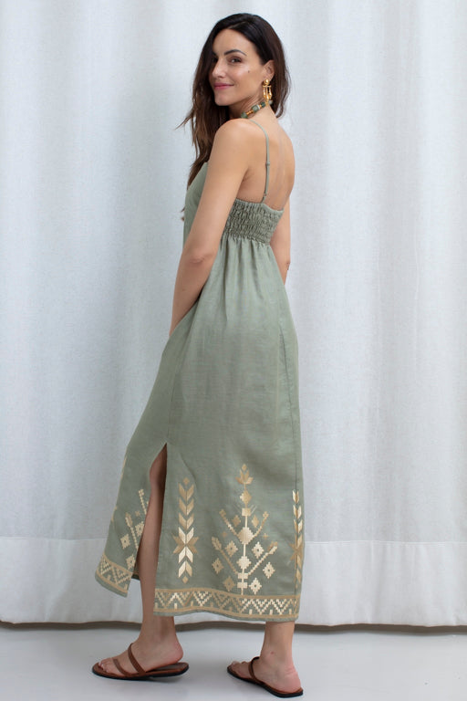 DRESS MAXI IOS STRAPS GATHERINGS SAGE GOLD