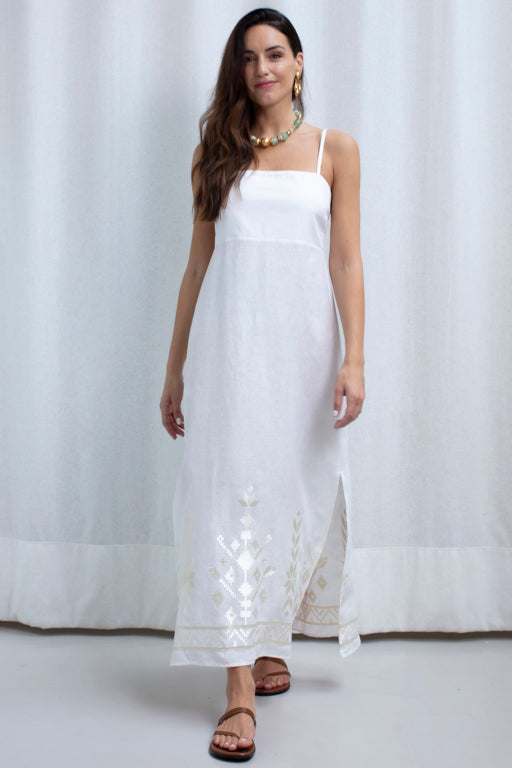DRESS MAXI IOS STRAPS GATHERINGS WHITE CHAMPAGNE