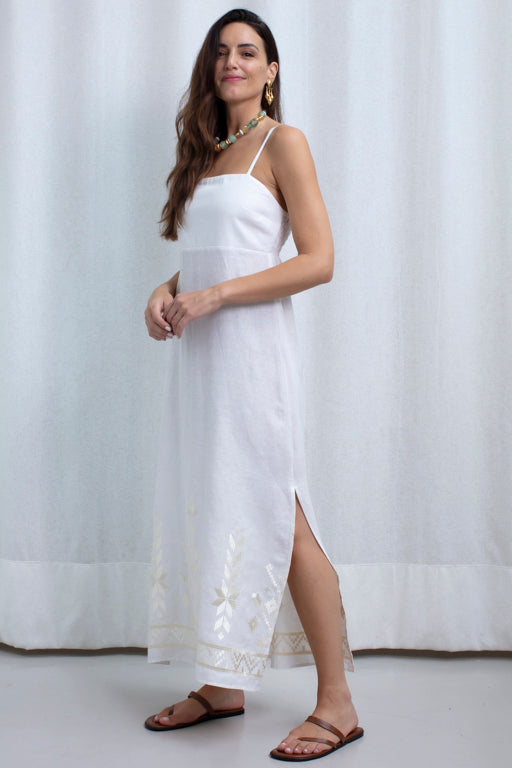 DRESS MAXI IOS STRAPS GATHERINGS WHITE CHAMPAGNE