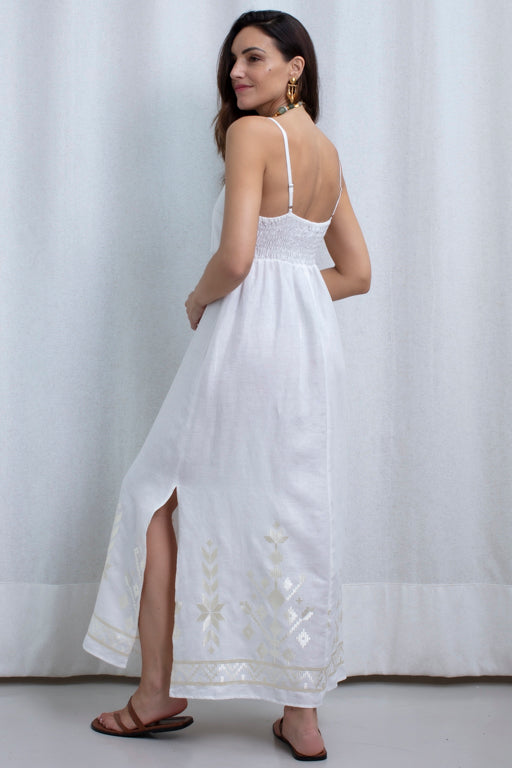 DRESS MAXI IOS STRAPS GATHERINGS WHITE CHAMPAGNE
