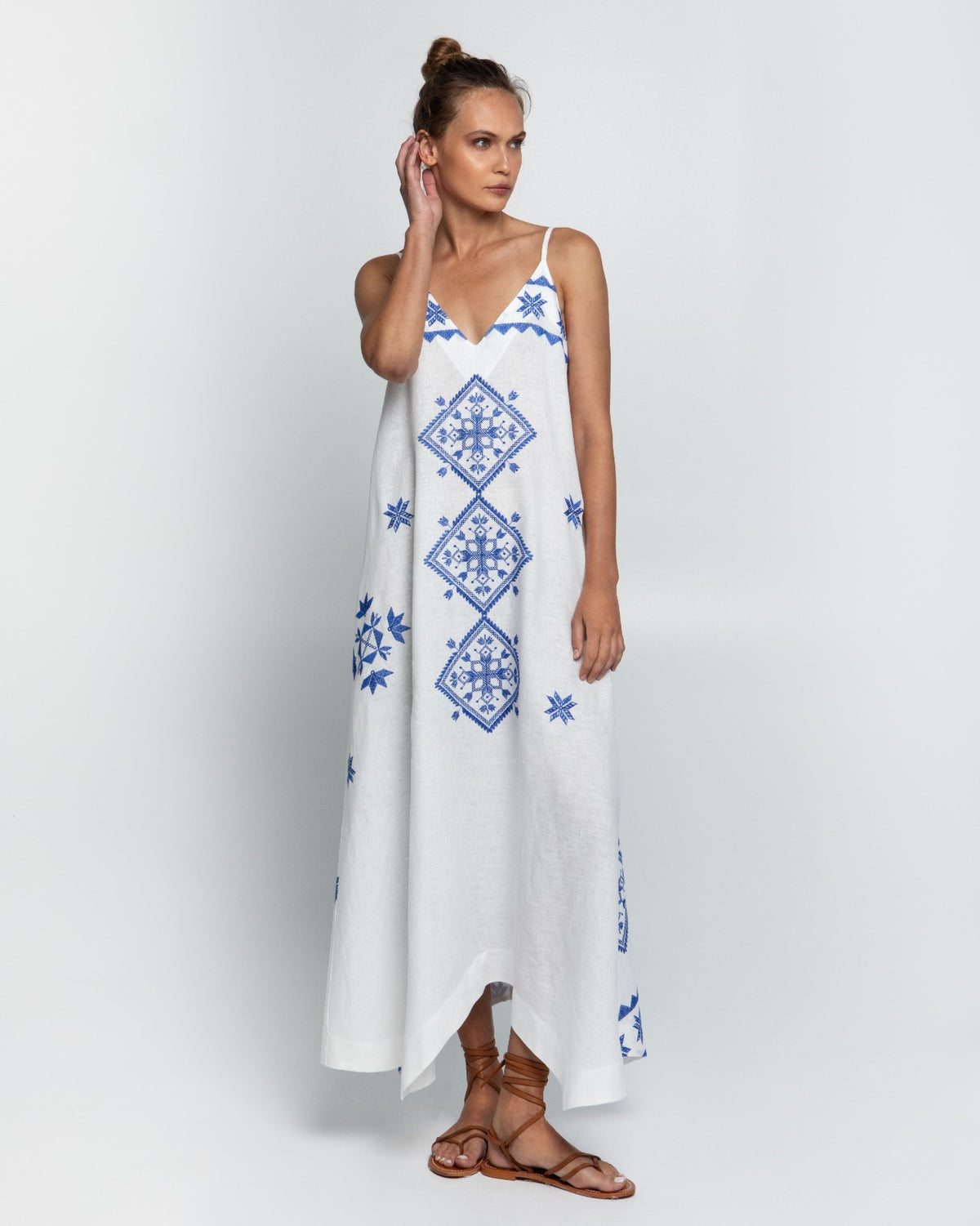 Vestido Dress Long Lefkada Branco e Azul