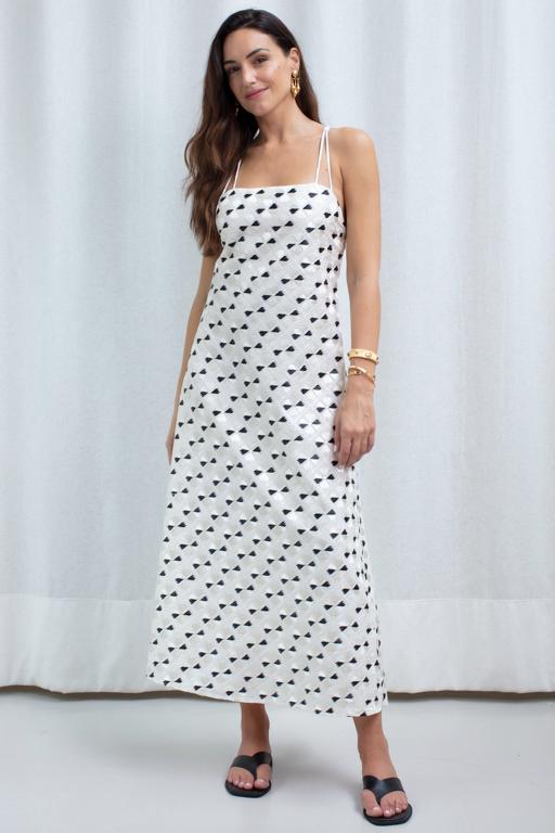 DRESS MAXI FLAKES DOUBLE STRAPS - WHITE - CHAMPAGNE - BLACK SHINY