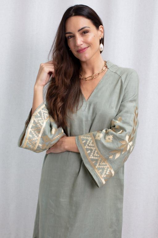 DRESS LONG IOS BELL SLEEVE - SAGE - GOLD