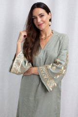 DRESS LONG IOS BELL SLEEVE - SAGE - GOLD