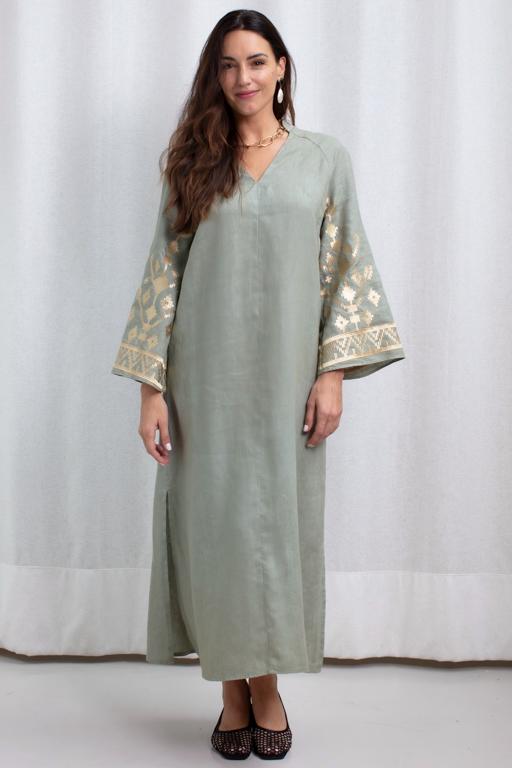 DRESS LONG IOS BELL SLEEVE - SAGE - GOLD