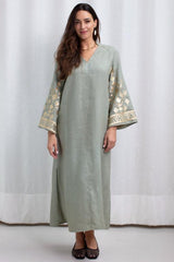 DRESS LONG IOS BELL SLEEVE - SAGE - GOLD