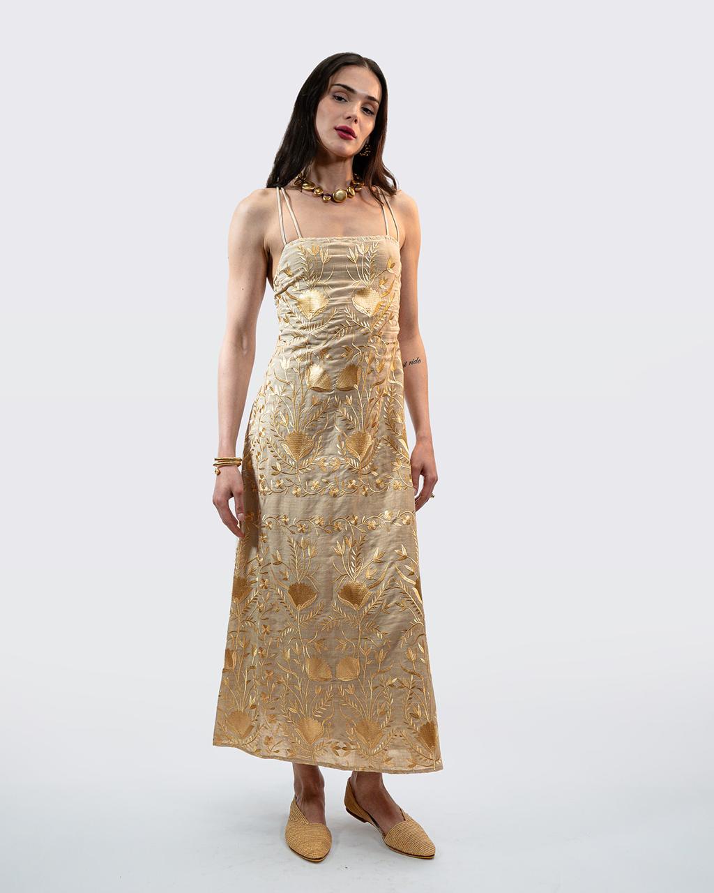 DRESS MAXI FLAKES DOUBLE STRAPS - BEGE - GOLD