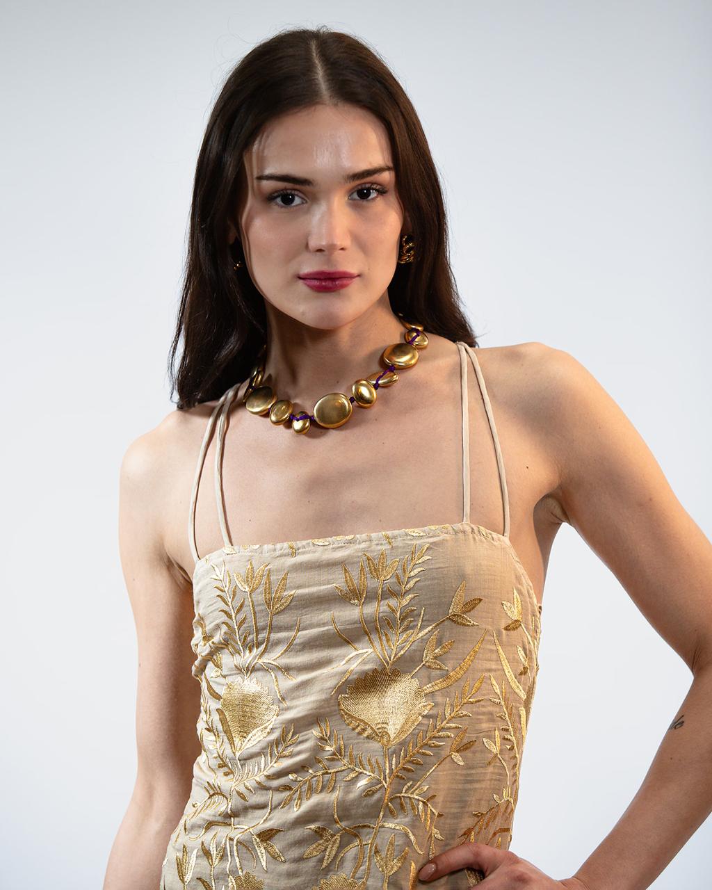 DRESS MAXI FLAKES DOUBLE STRAPS - BEGE - GOLD